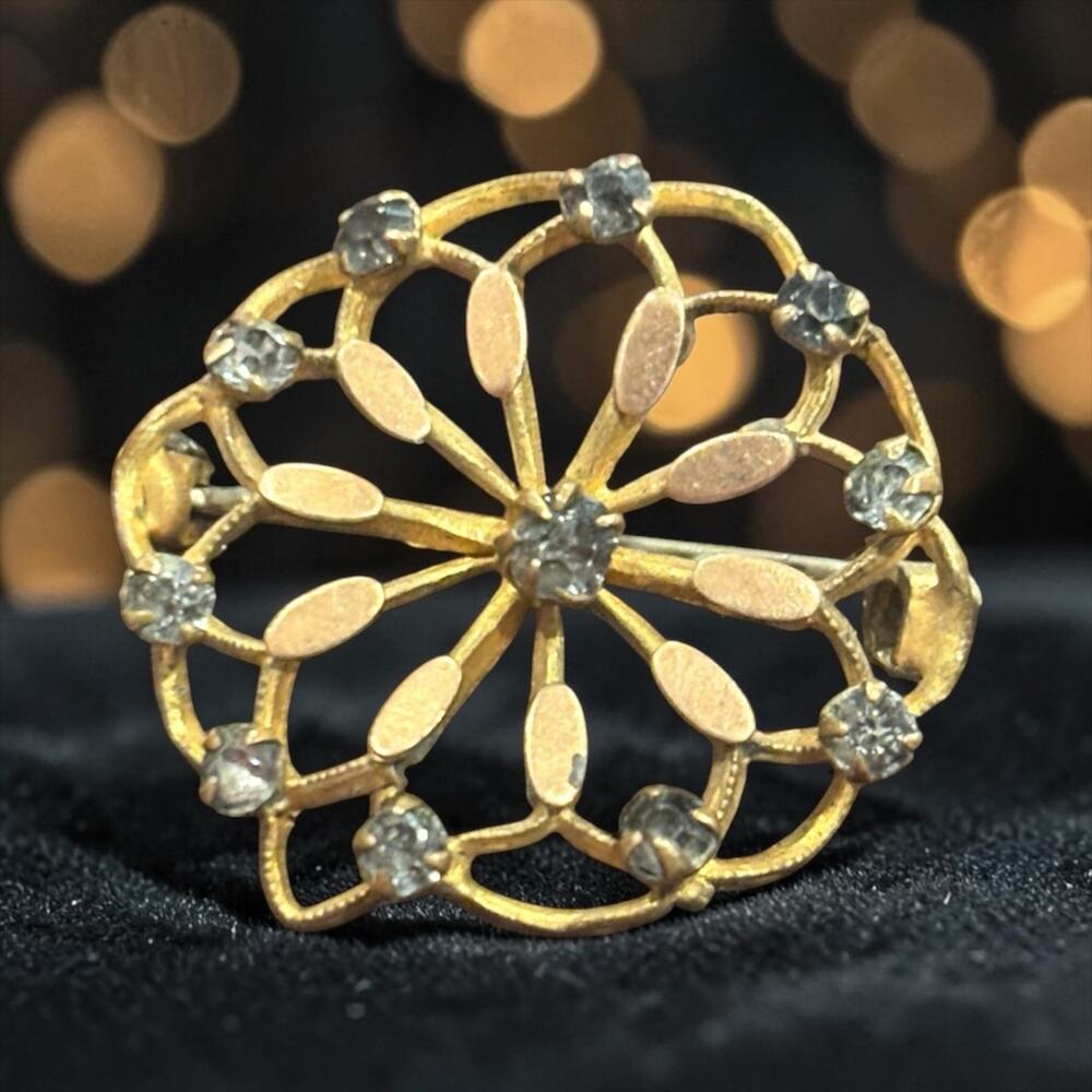 Antique Victorian Edwardian Paste Rhinestone Floral Brooch Gold Gilt 1900s